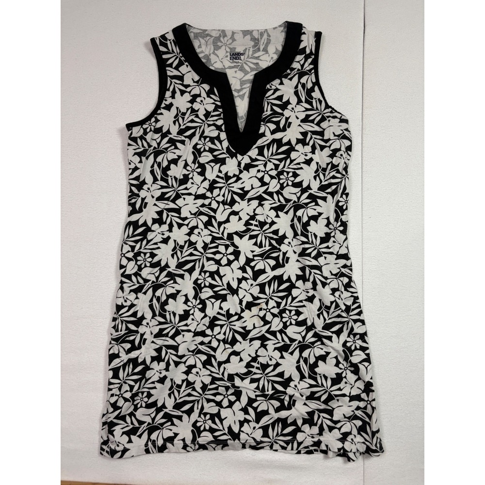 Lands End Womens Black White Floral Cotton Split V-Neck Sleeveless Shift Dress M